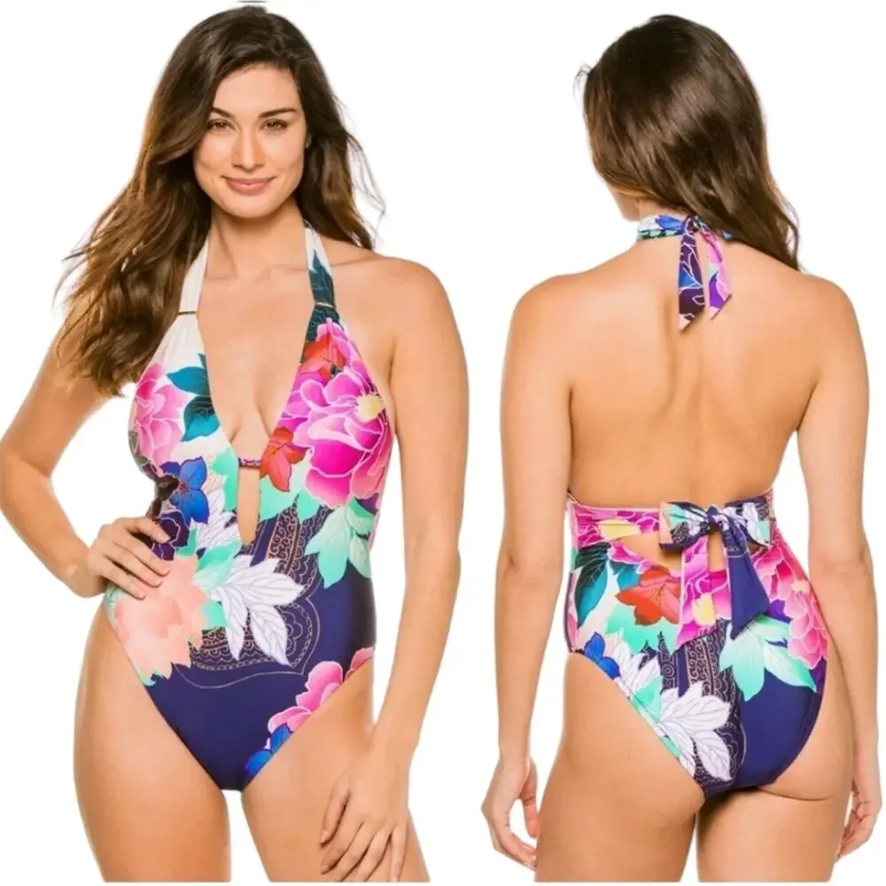 NEW Trina Turk Opulent Oasis Plunge Tie Back Halter One Piece Swimsuit Sz 10